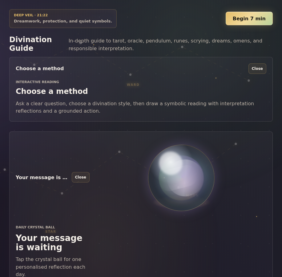 Mystora Divination screenshot showing tarot, runes, pendulum, and reflective reading tools
