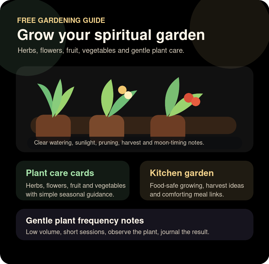 Mystora Gardening guide widget showing herbs, flowers, vegetables, plant care, kitchen garden notes, and plant frequency guidance