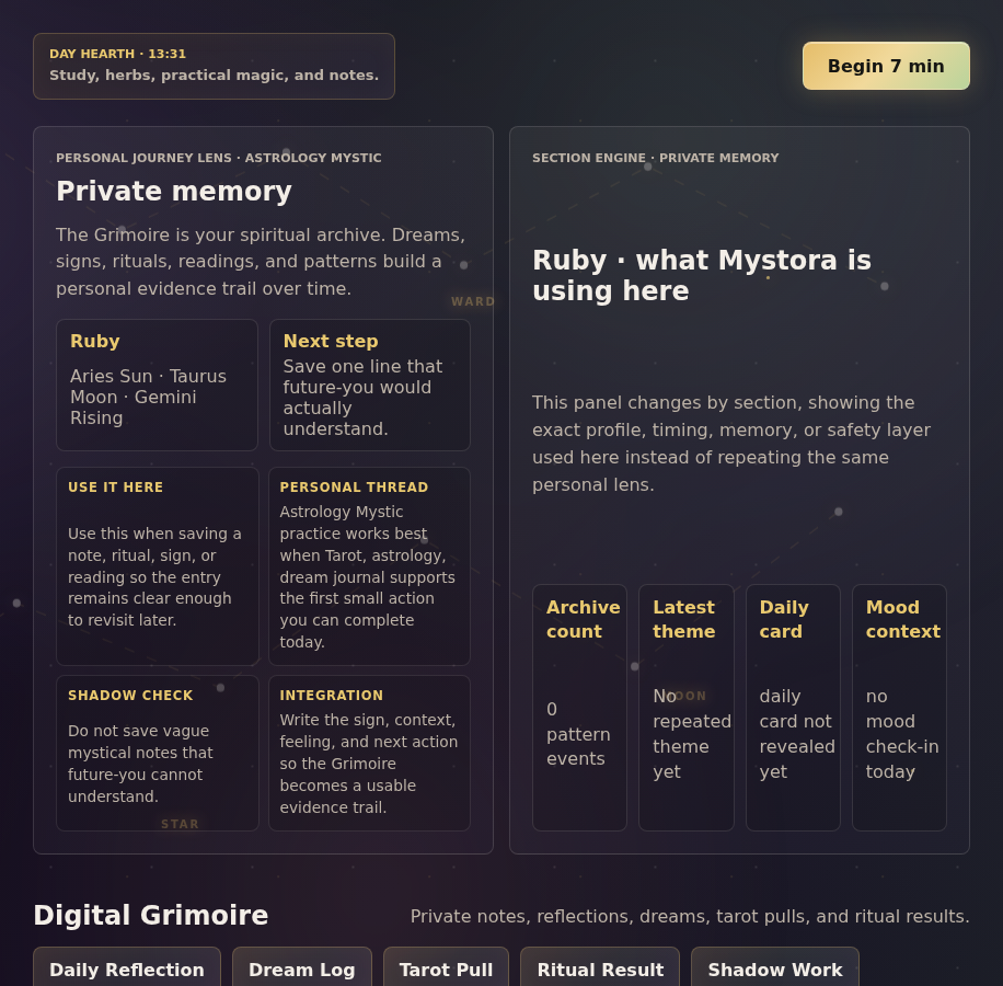 Mystora Remote Viewing Session Journal screenshot inside the Digital Grimoire