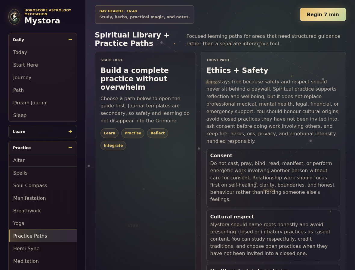 Mystora spiritual practice paths screenshot showing ethics and safety guidance