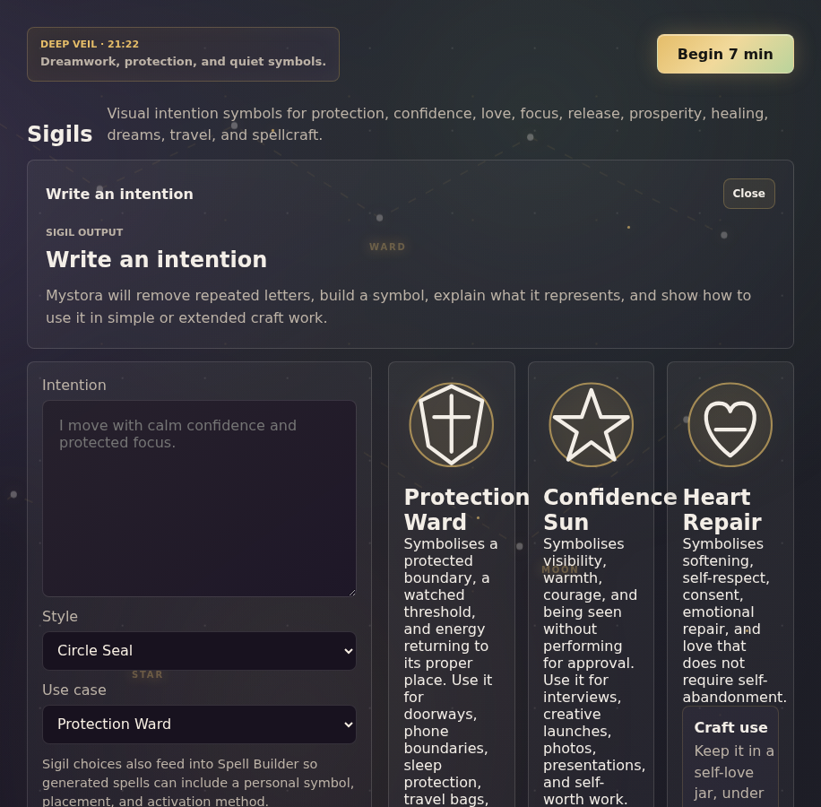 Mystora Sigils screenshot showing sigil creation and safe intention guidance