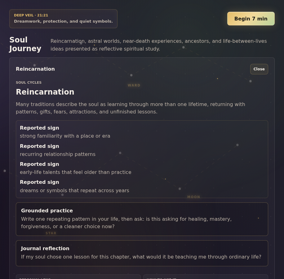 Mystora Soul Journey screenshot showing reincarnation, ancestors, and astral study topics