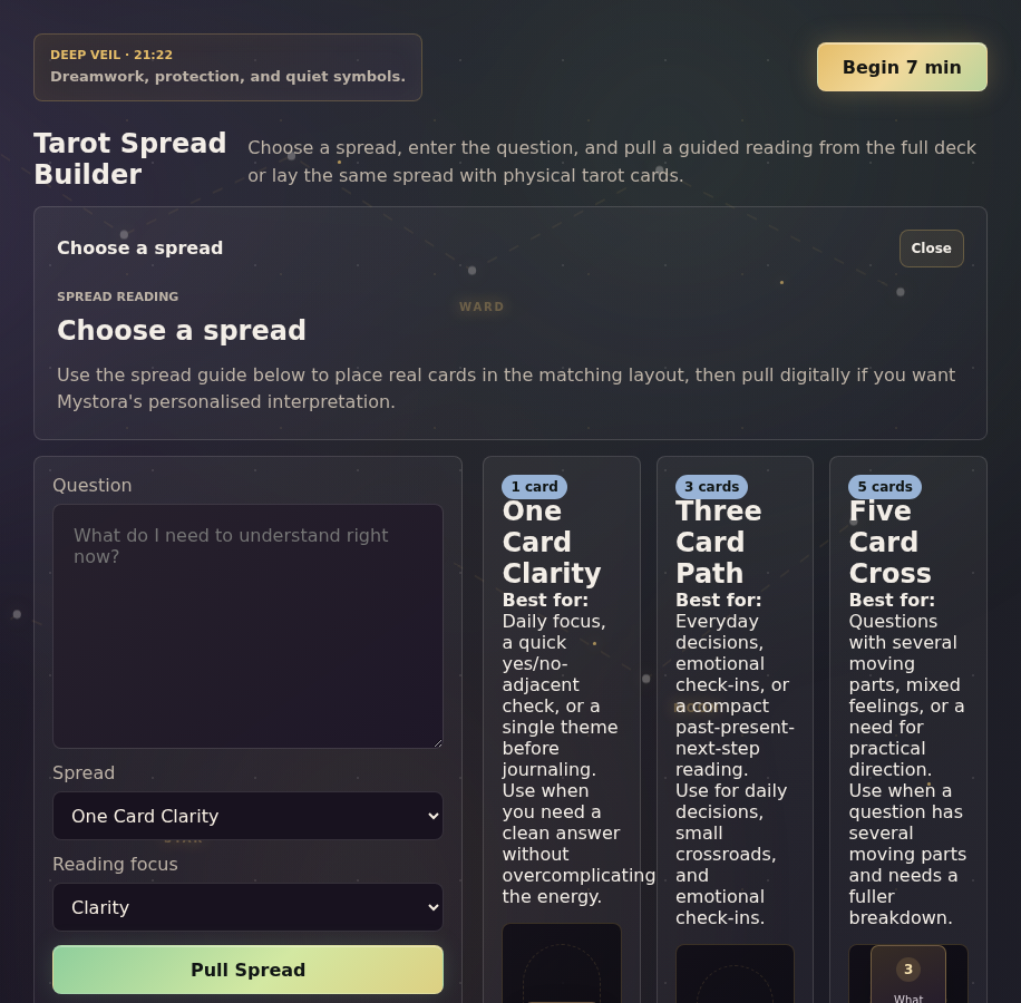 Mystora Tarot Spreads screenshot showing spread layouts and reading prompts
