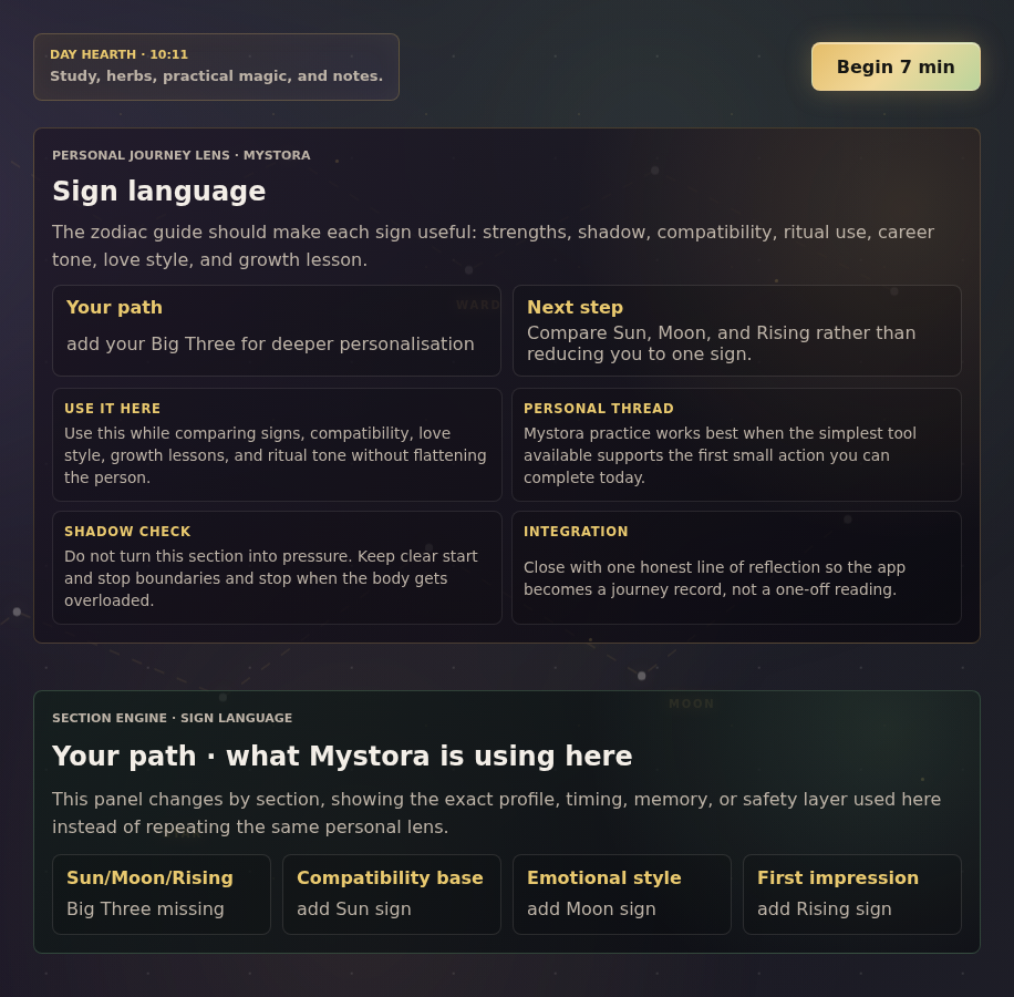 Mystora zodiac sign guide screenshot